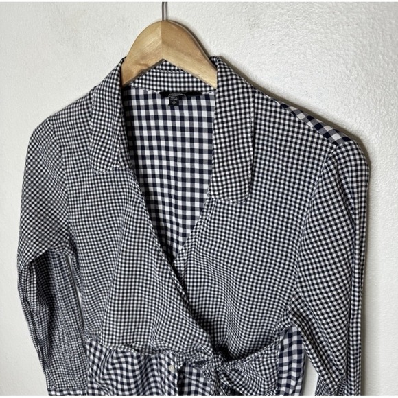 Express Blue Gingham Button Up Women's‎ Small Tie Front Collared V-neck Preppy - Picture 2 of 8